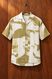 Green Abstract Print Cotton Cuban Collar Short Sleeve Shirt For Men