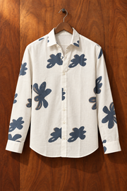 Off White Conversational Print Cotton Spread Collar Long Sleeve Shirt For Men