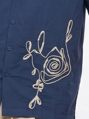 Navy Blue Embroidered Cuban Collar Casual Cotton Men's Shirt