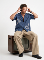 Navy Blue Embroidered Cuban Collar Casual Cotton Men's Shirt