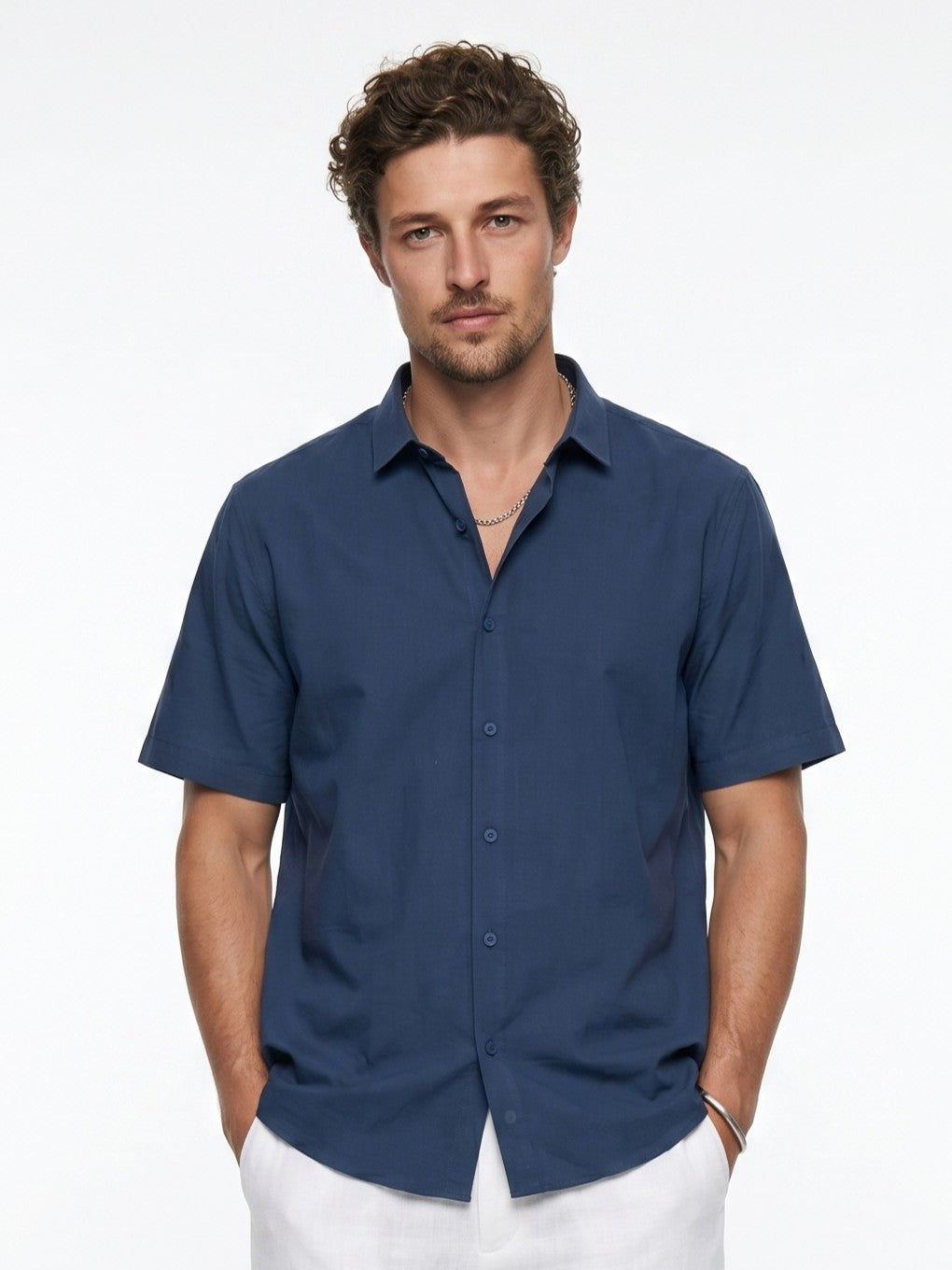Blue Solid Band Collar Casual Cotton Men's Shirt