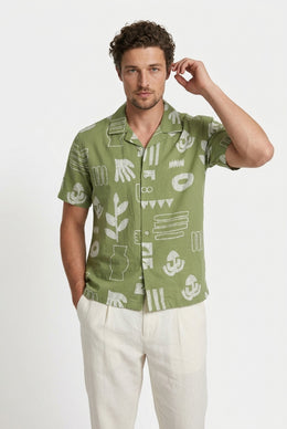 Green Abstract Print Spread Collar Cotton Casual Men's Shirt