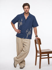 Navy Blue Embroidered Cuban Collar Casual Cotton Men's Shirt