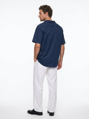 Blue Solid Band Collar Casual Cotton Men's Shirt
