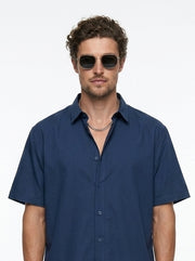Blue Solid Band Collar Casual Cotton Men's Shirt