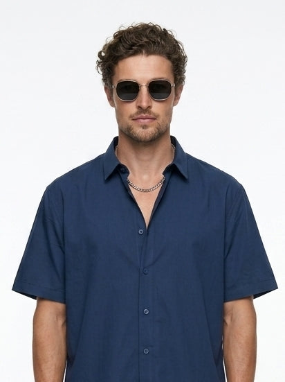 Blue Solid Band Collar Casual Cotton Men's Shirt