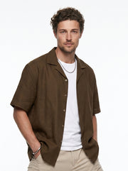 Brown Solid Cotton Cuban Collar Oversized Men's Shirt
