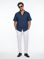 Blue Solid Band Collar Casual Cotton Men's Shirt