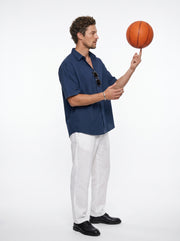 Blue Solid Band Collar Casual Cotton Men's Shirt