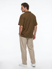 Brown Solid Cotton Cuban Collar Oversized Men's Shirt