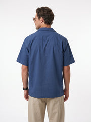 Navy Blue Embroidered Cuban Collar Casual Cotton Men's Shirt