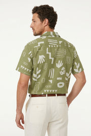 Green Abstract Print Spread Collar Cotton Casual Men's Shirt