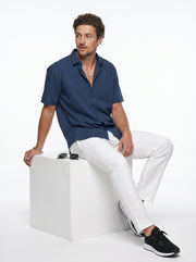 Blue Solid Band Collar Casual Cotton Men's Shirt