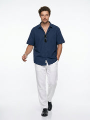 Blue Solid Band Collar Casual Cotton Men's Shirt