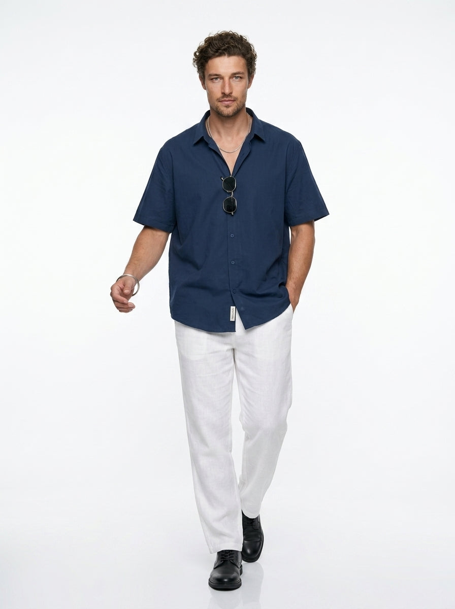 Blue Solid Band Collar Casual Cotton Men's Shirt