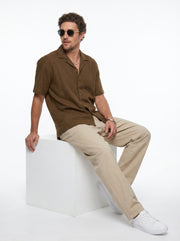 Brown Solid Cotton Cuban Collar Oversized Men's Shirt