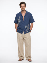 Navy Blue Embroidered Cuban Collar Casual Cotton Men's Shirt