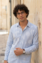 Blue Stripes Floral Print Handloom Cotton Spread Collar Men's Shirt