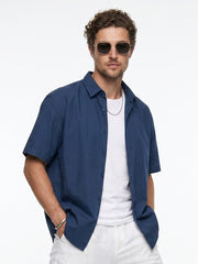Blue Solid Band Collar Casual Cotton Men's Shirt