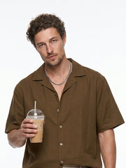 Brown Solid Cotton Cuban Collar Oversized Men's Shirt