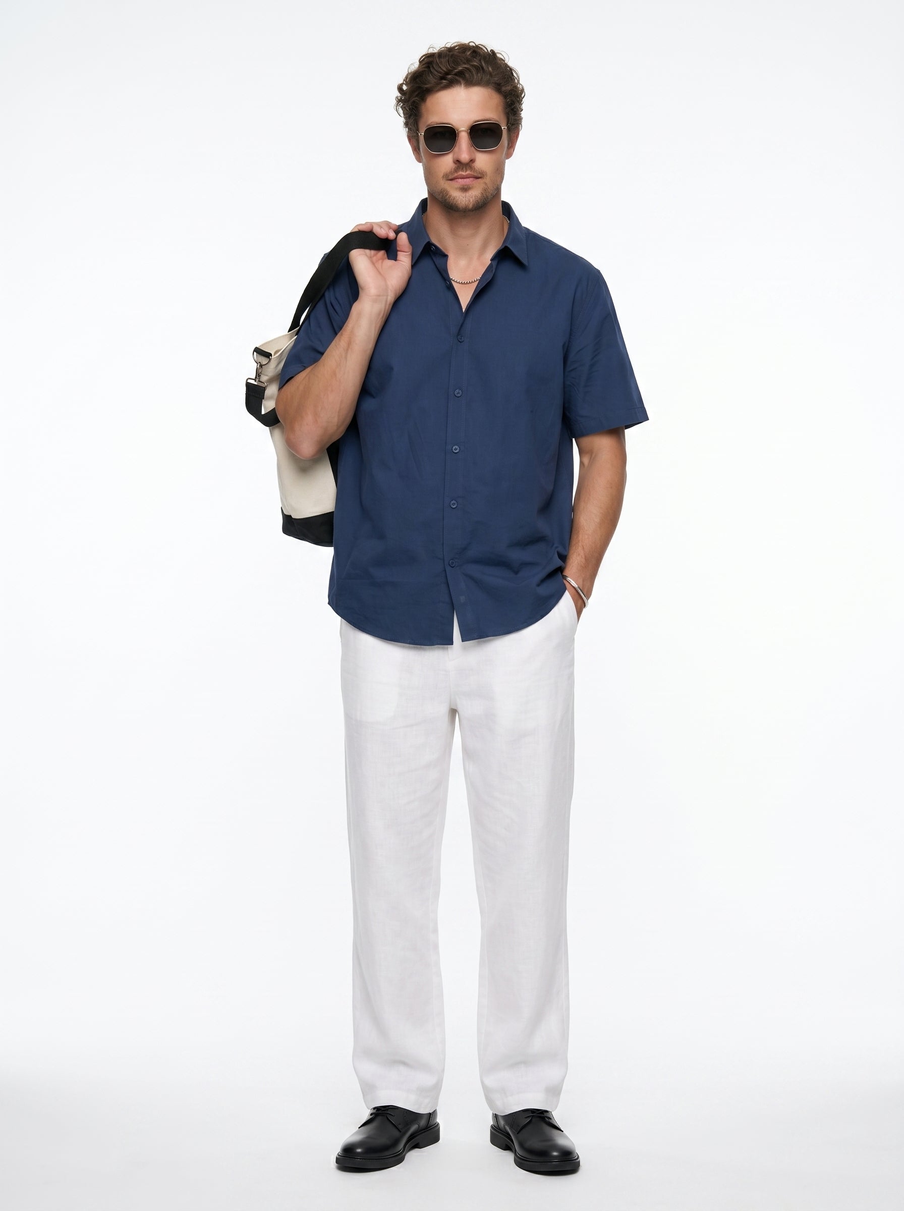 Blue Solid Band Collar Casual Cotton Men's Shirt