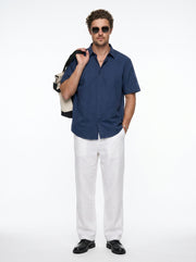 Blue Solid Band Collar Casual Cotton Men's Shirt