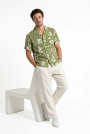 Green Abstract Print Spread Collar Cotton Casual Men's Shirt