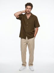 Brown Solid Cotton Cuban Collar Oversized Men's Shirt