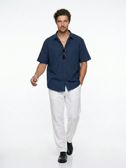 Blue Solid Band Collar Casual Cotton Men's Shirt