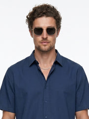 Blue Solid Band Collar Casual Cotton Men's Shirt