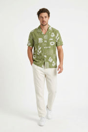 Green Abstract Print Spread Collar Cotton Casual Men's Shirt