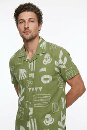 Green Abstract Print Spread Collar Cotton Casual Men's Shirt
