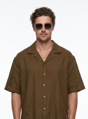 Brown Solid Cotton Cuban Collar Oversized Men's Shirt