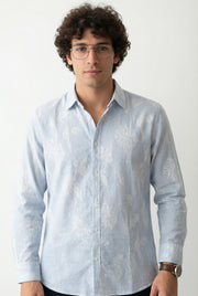 Blue Stripes Floral Print Handloom Cotton Spread Collar Men's Shirt