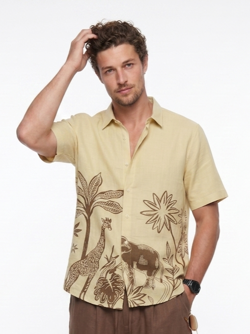 Yellow Safari Printed Cuban Collar Cotton Casual Men's Shirt