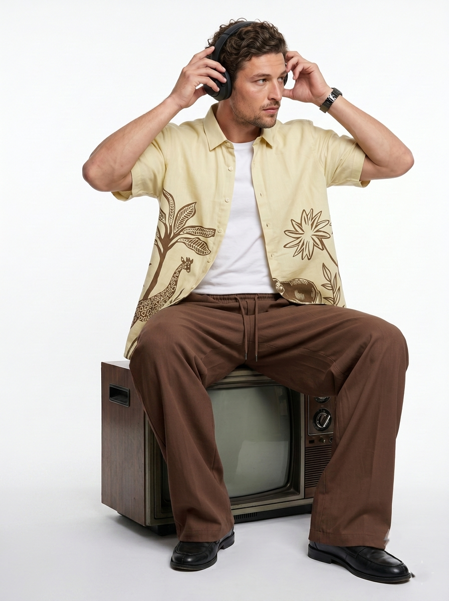 Yellow Safari Printed Cuban Collar Cotton Casual Men's Shirt