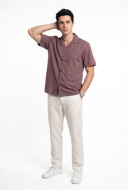 Mauve Solid Cuban Collar Casual Short Sleeve Cotton Men's Shirt