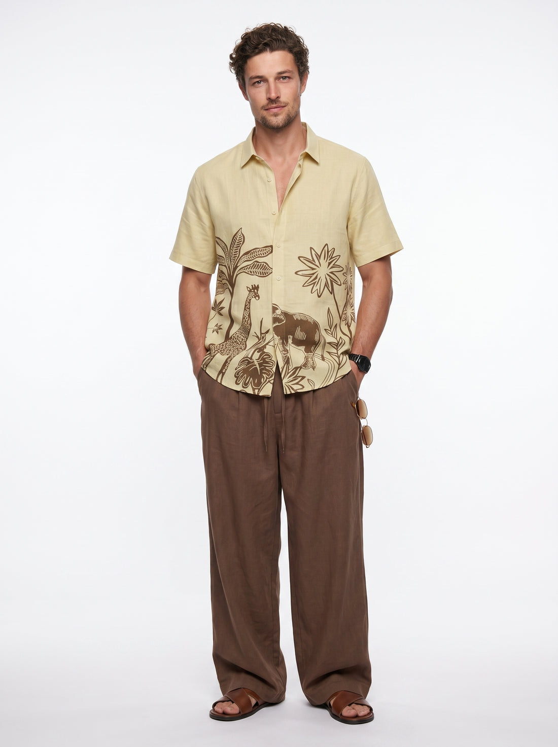 Yellow Safari Printed Cuban Collar Cotton Casual Men's Shirt