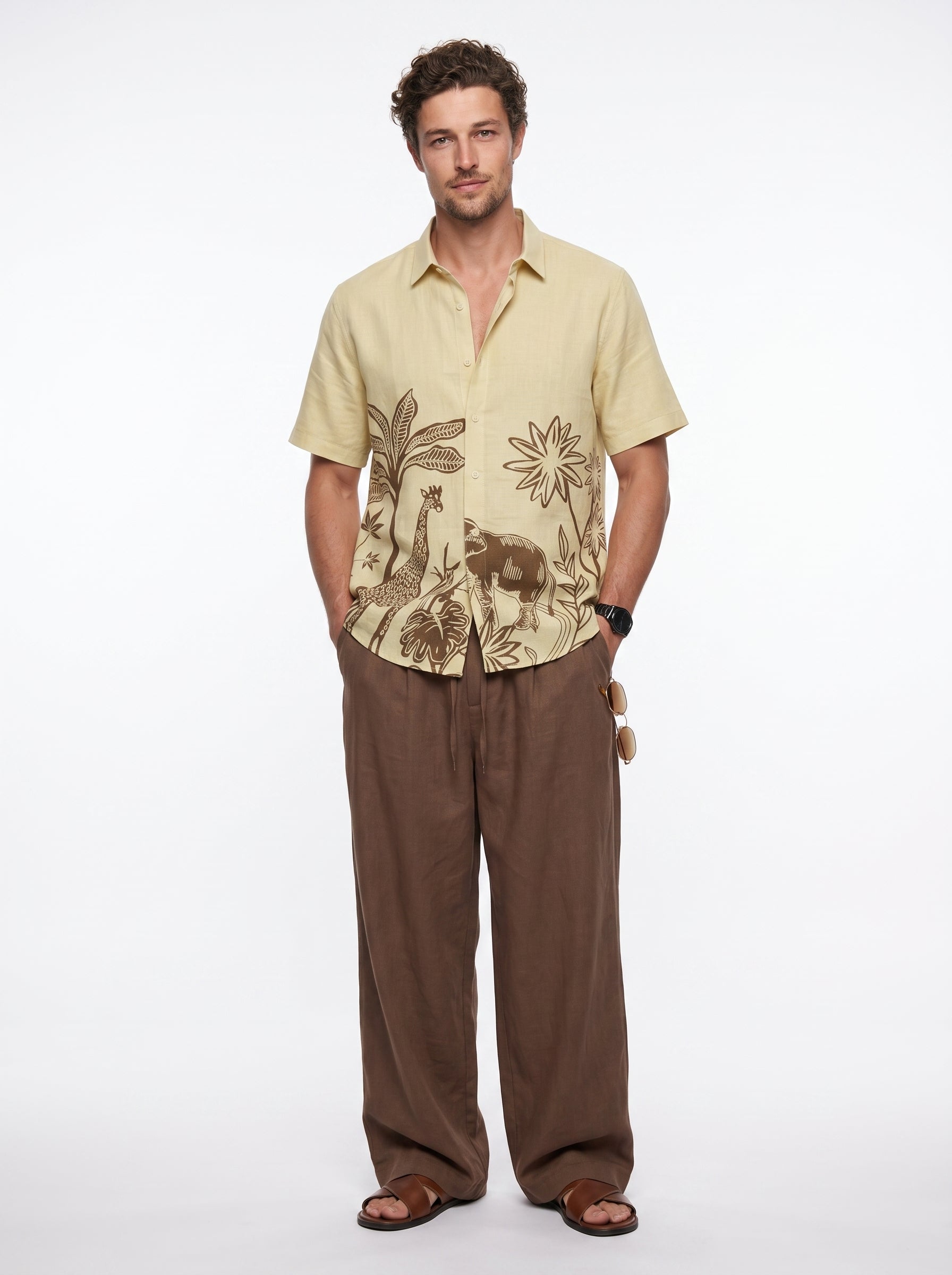 Yellow Safari Printed Cuban Collar Cotton Casual Men's Shirt