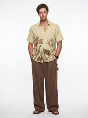 Yellow Safari Printed Cuban Collar Cotton Casual Men's Shirt