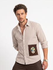 White Embroidred Striped Print Cotton Band Collar Men's Shirt