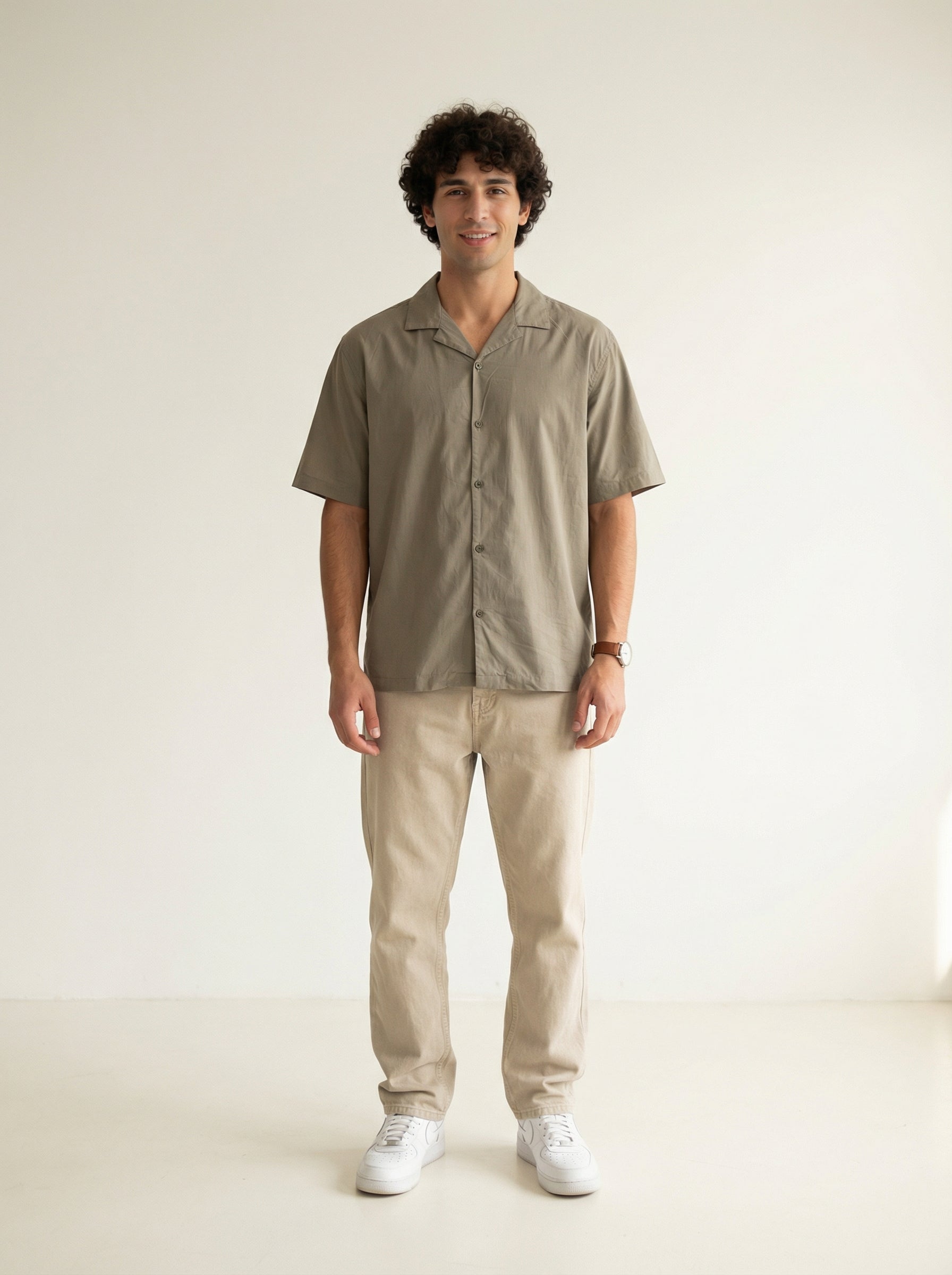 Olive Cuban Collar Solid Print Pure Cotton Men's Shirt