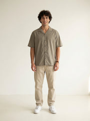 Olive Cuban Collar Solid Pure Cotton Oversized Men's Shirt