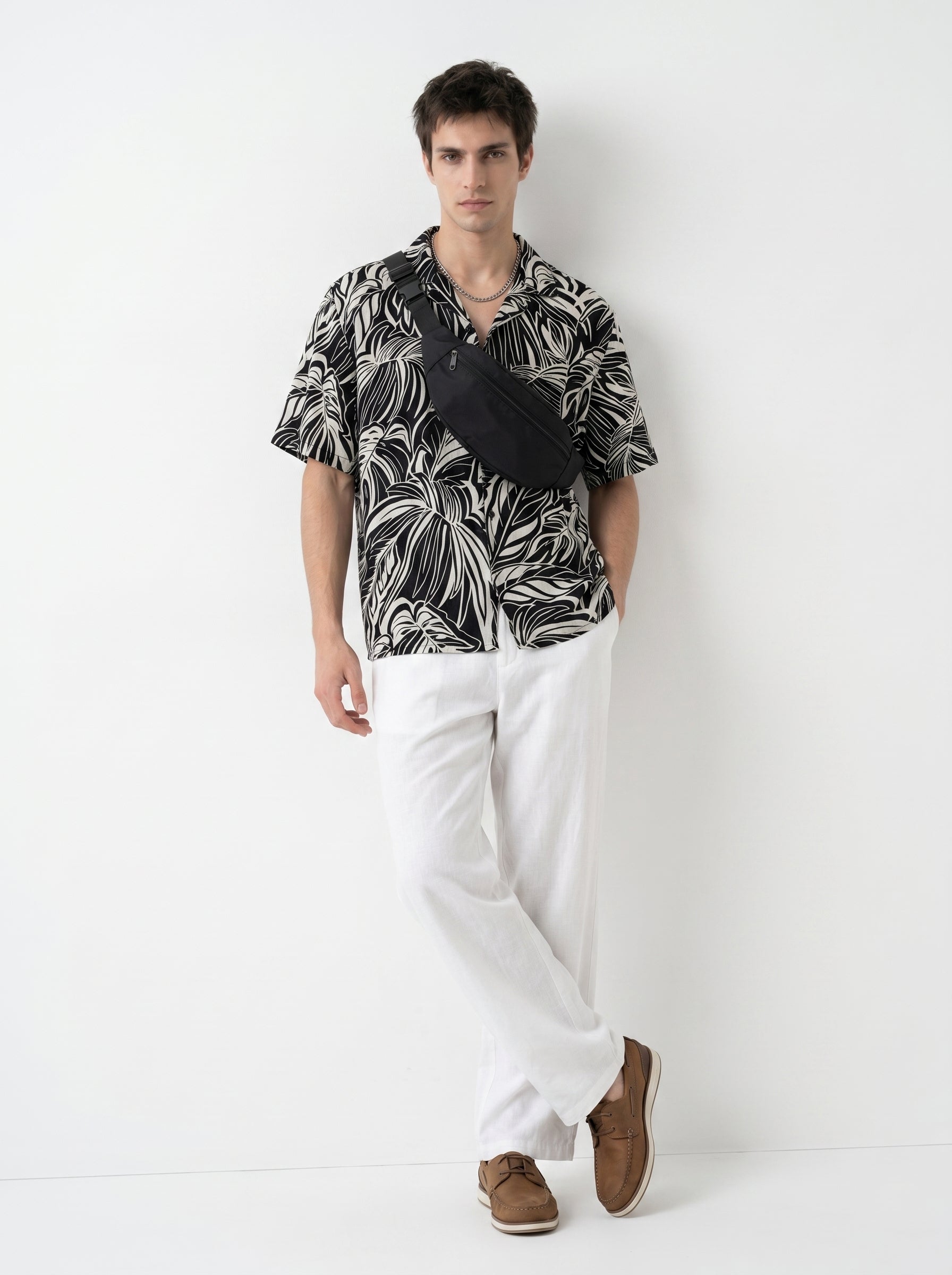 Black Abstract Print Viscose Rayon Cuban Collar Oversized Men's Shirt