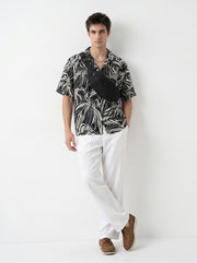 Black Abstract Print Viscose Rayon Cuban Collar Oversized Men's Shirt