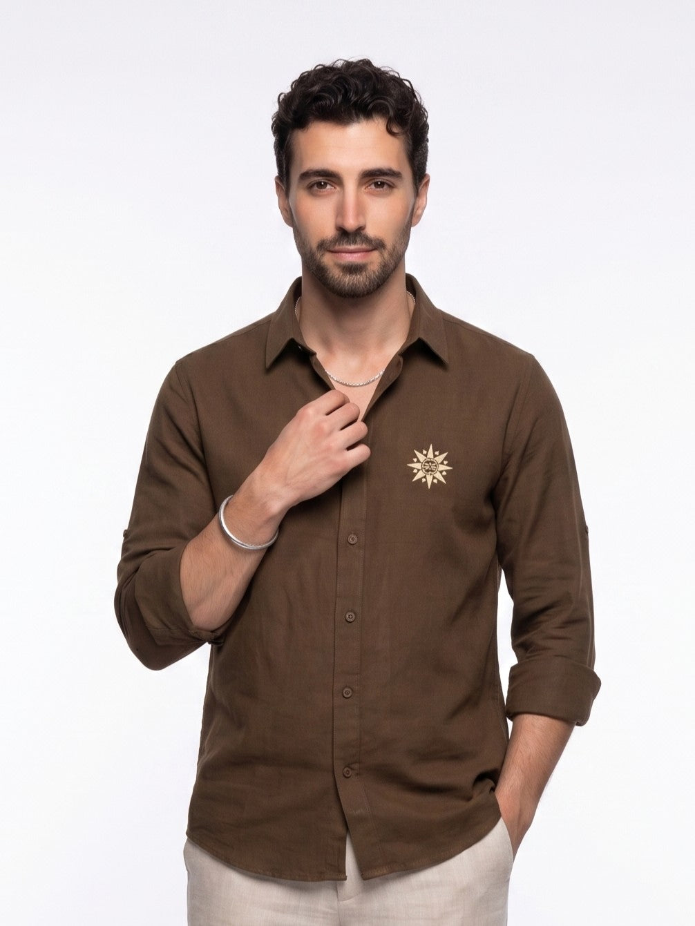 Brown Embroidred Band Collar Casual Cotton Men's Shirt