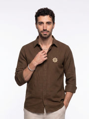 Brown Embroidred Band Collar Casual Cotton Men's Shirt
