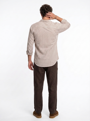 White Embroidred Striped Print Cotton Band Collar Men's Shirt