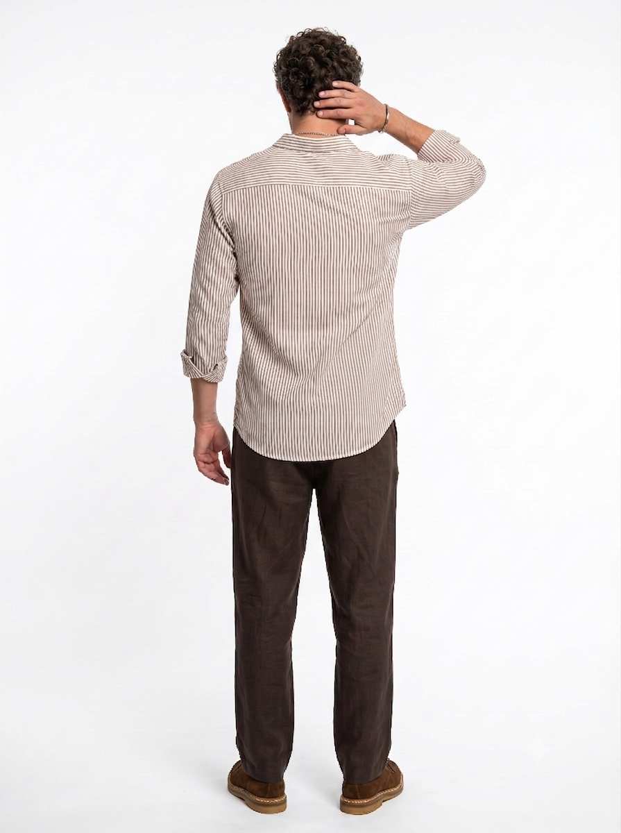 White Embroidred Striped Print Cotton Band Collar Men's Shirt