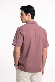 Mauve Solid Cuban Collar Casual Short Sleeve Cotton Men's Shirt